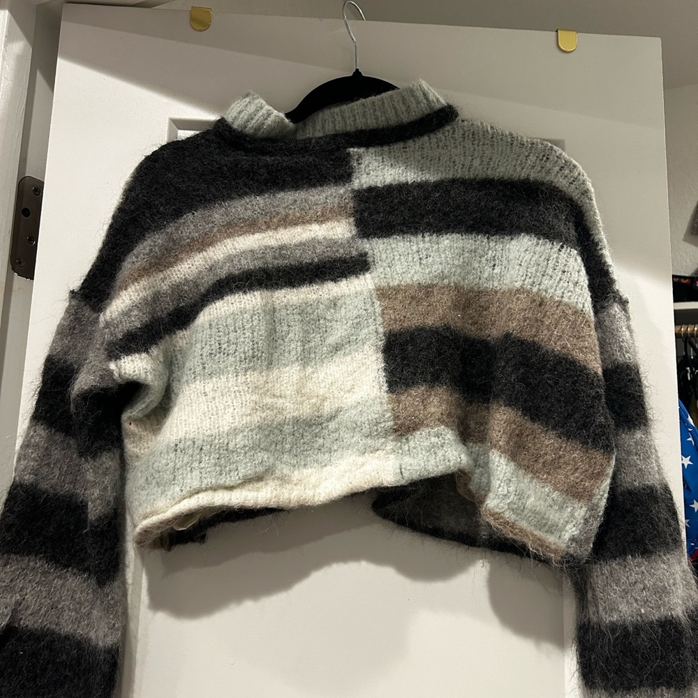 Free People Gray and Cream Crew Neck Sweater